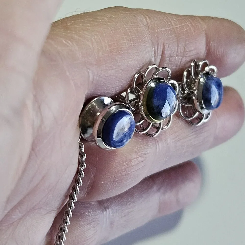Vintage Dante Silver Tone Blue Semiprecious Cufflinks And Tie Pin Set